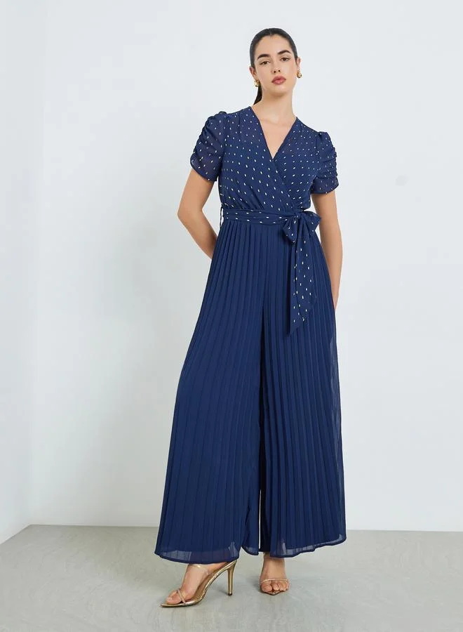 Styli Women Wide Leg Jumpsuit with Lurex Dobby Detail